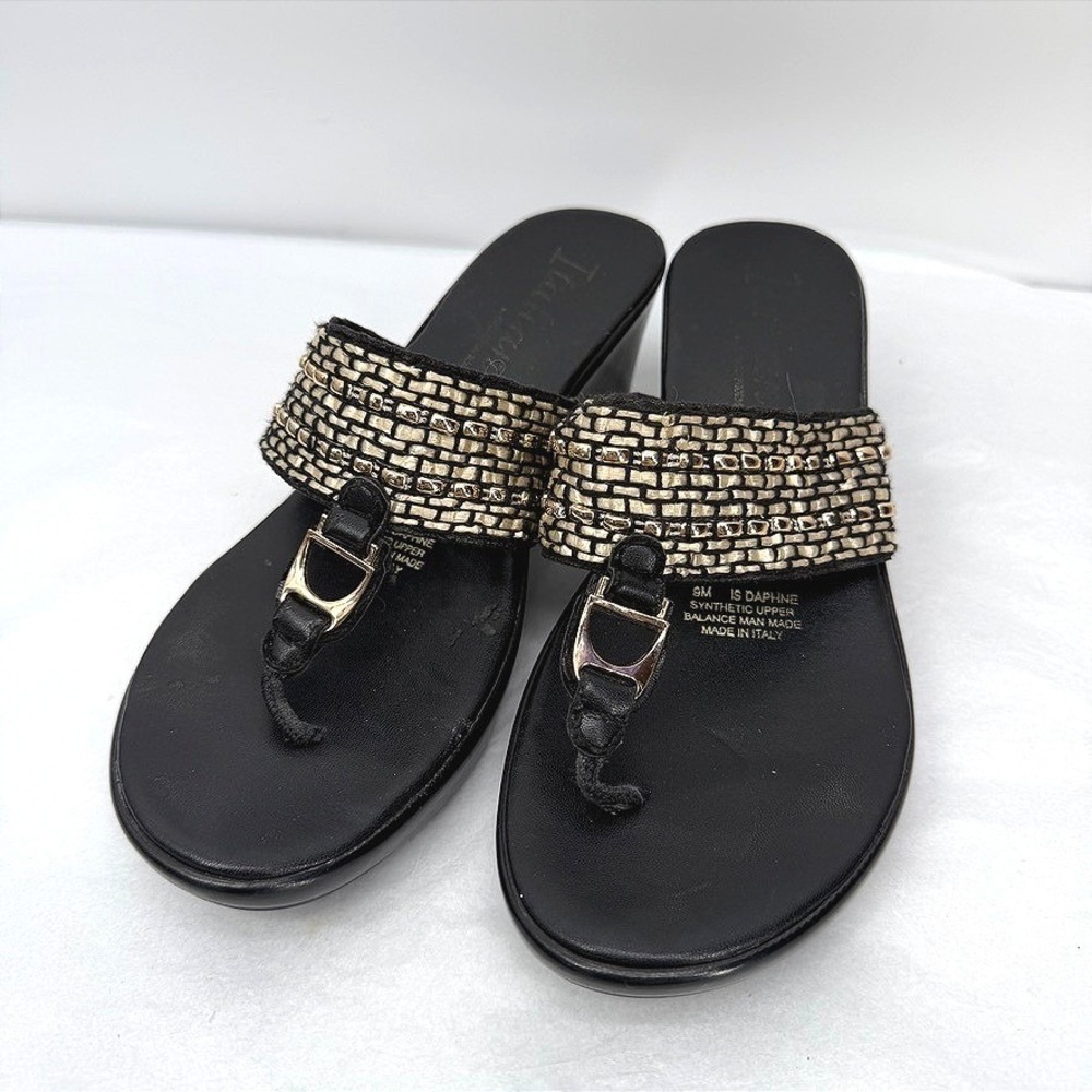 Italiana Daphne Wedge Sandals Black Gold Woven Thong Summer Dressy Size 9M